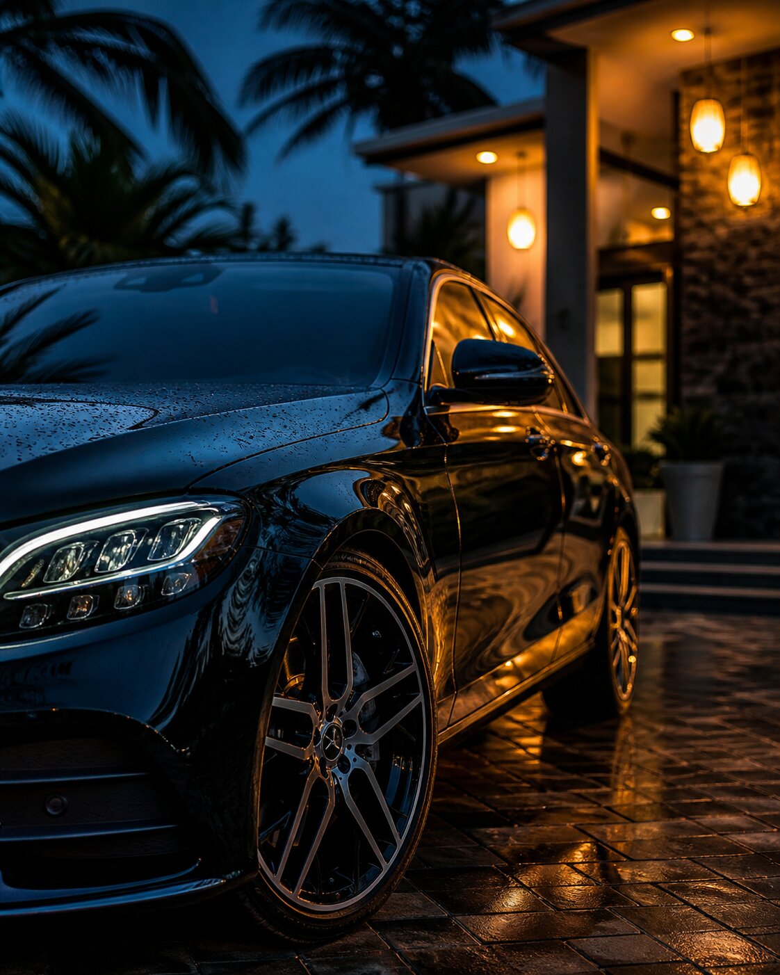 A detailed black sedan glistening under studio light